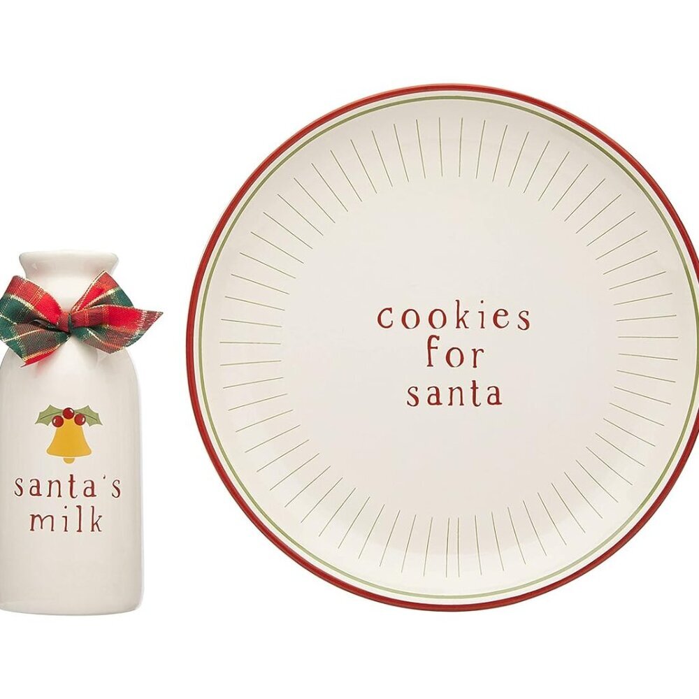 Cookies for Santa Plate and Milk Jug Set, Ceramic Holiday Serving Dish with Milk